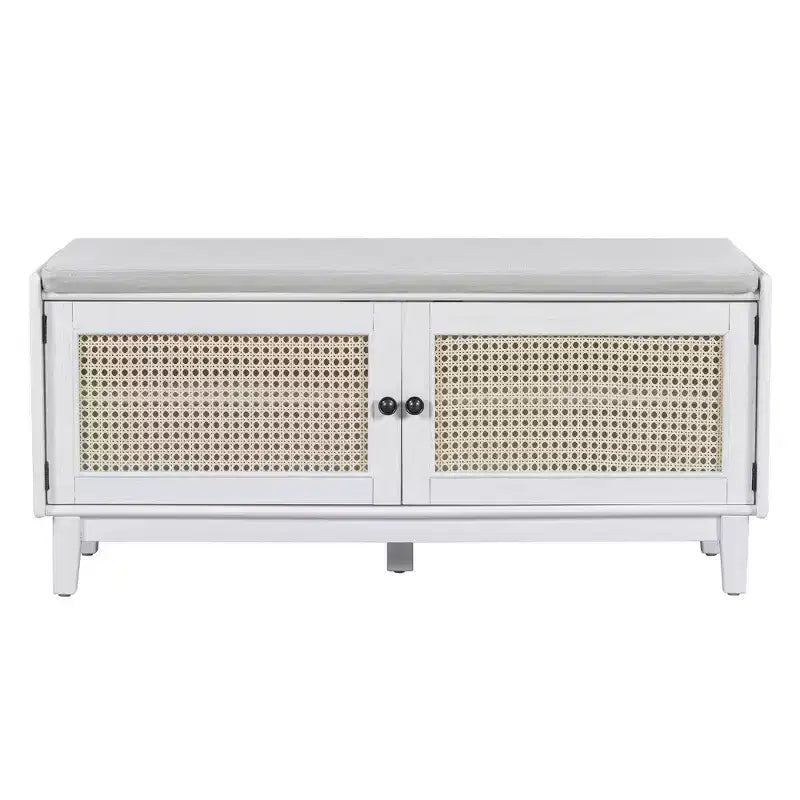 Boho Entryway Storage Bench, Wooden Shoe Bench, Cushioned Bench with Double Doors