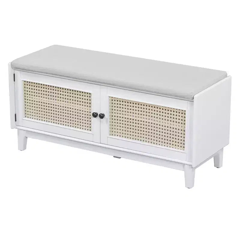 Boho Entryway Storage Bench, Wooden Shoe Bench, Cushioned Bench with Double Doors