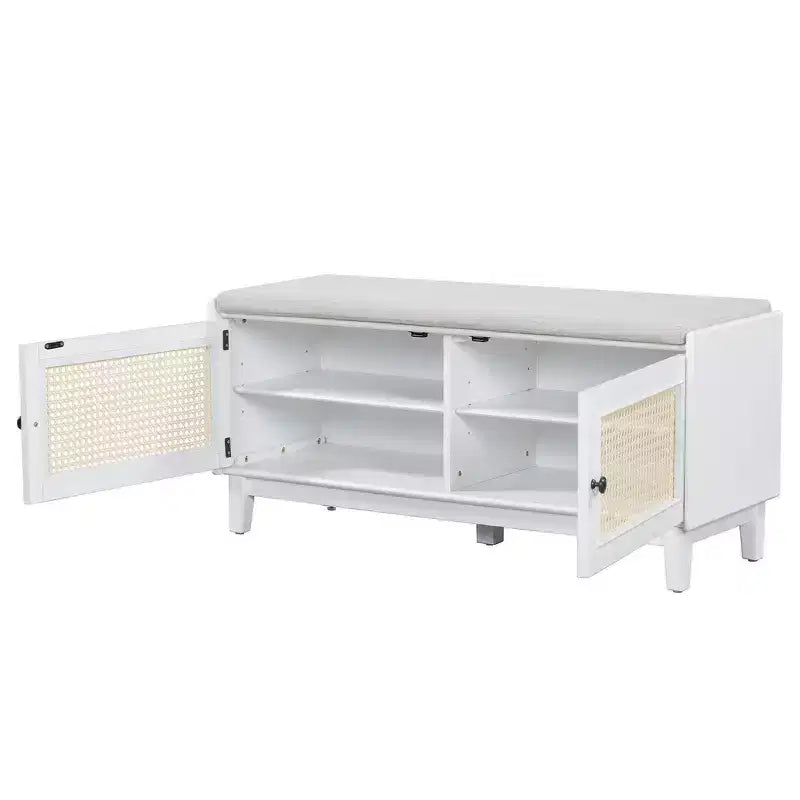 Boho Entryway Storage Bench, Wooden Shoe Bench, Cushioned Bench with Double Doors