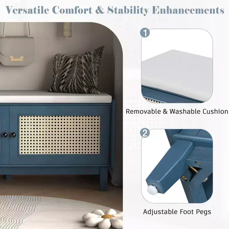 Boho Entryway Storage Bench, Wooden Shoe Bench, Cushioned Bench with Double Doors