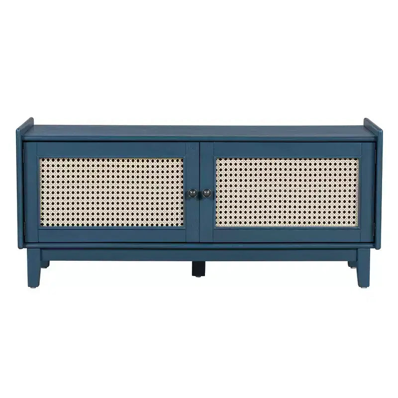 Boho Entryway Storage Bench, Wooden Shoe Bench, Cushioned Bench with Double Doors