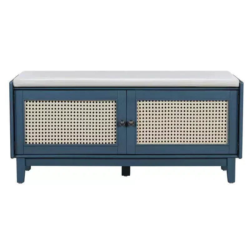 Boho Entryway Storage Bench, Wooden Shoe Bench, Cushioned Bench with Double Doors