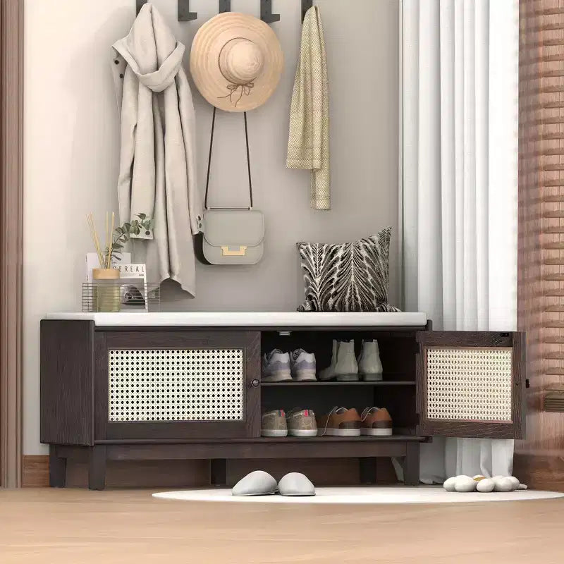 Boho Entryway Storage Bench, Wooden Shoe Bench, Cushioned Bench with Double Doors