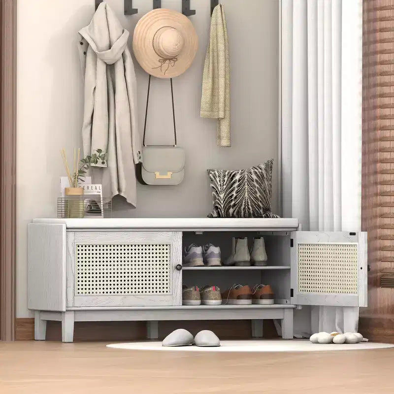 Boho Entryway Storage Bench, Wooden Shoe Bench, Cushioned Bench with Double Doors