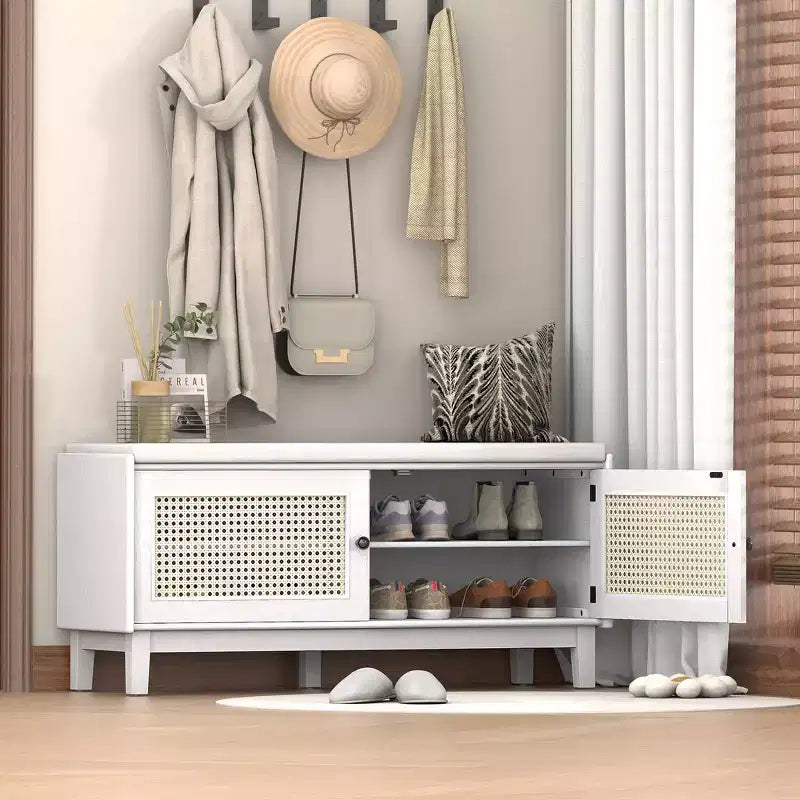 Boho Entryway Storage Bench, Wooden Shoe Bench, Cushioned Bench with Double Doors