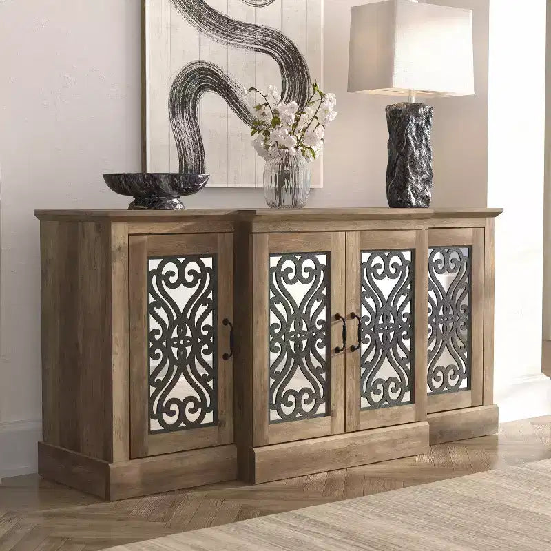 4-Door Sideboard with Mirrored Cut-Out Storage 60.4 W 18.2 D 29.3 H