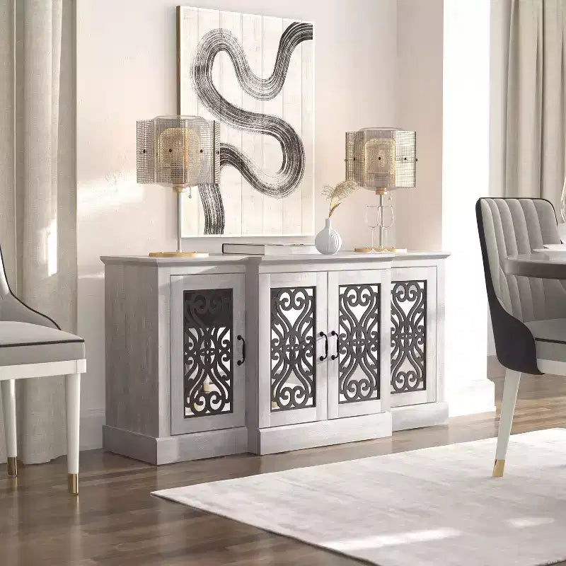 4-Door Sideboard with Mirrored Cut-Out Storage 60.4 W 18.2 D 29.3 H