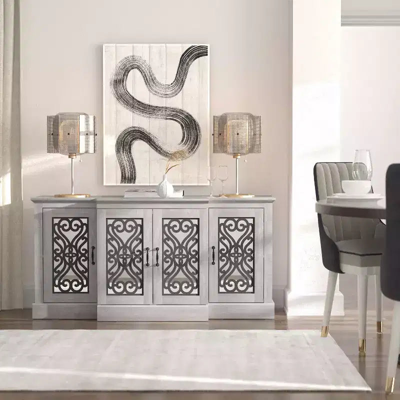 4-Door Sideboard with Mirrored Cut-Out Storage 60.4 W 18.2 D 29.3 H