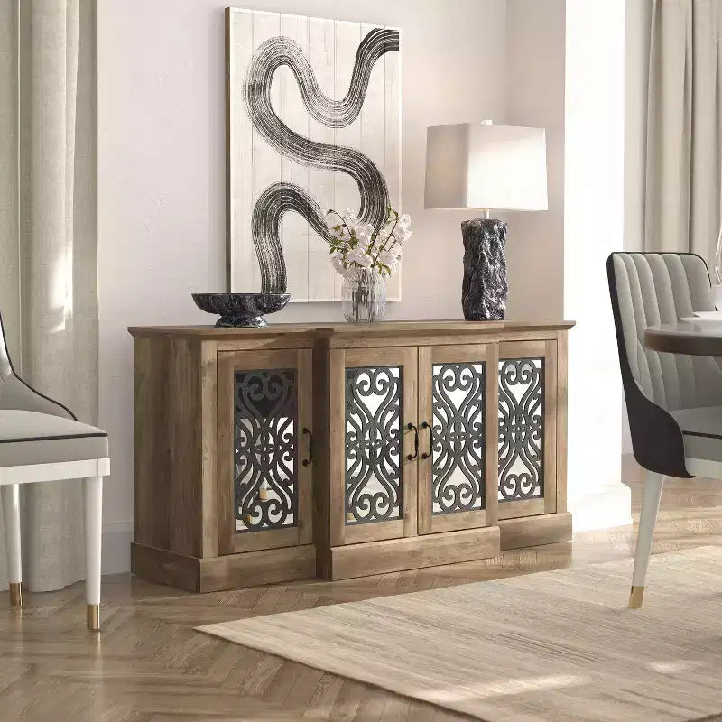 4-Door Sideboard with Mirrored Cut-Out Storage 60.4 W 18.2 D 29.3 H