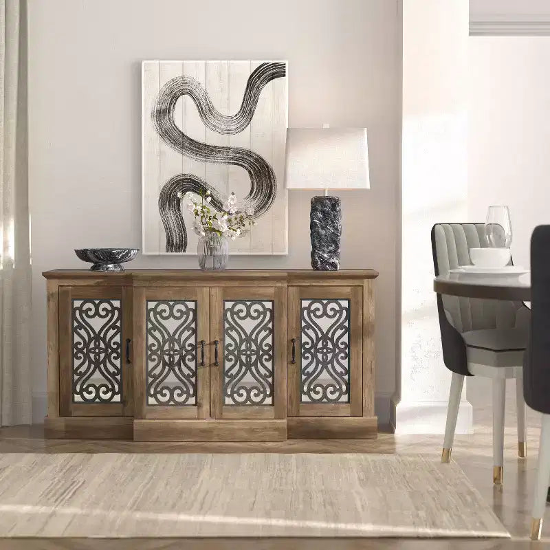 4-Door Sideboard with Mirrored Cut-Out Storage 60.4 W 18.2 D 29.3 H