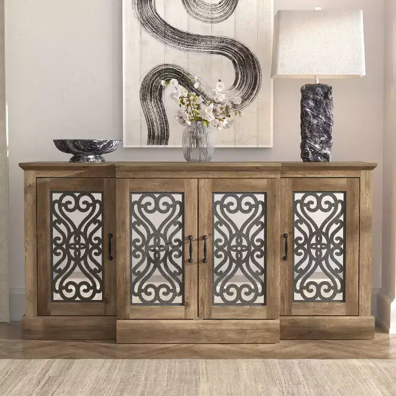 4-Door Sideboard with Mirrored Cut-Out Storage 60.4 W 18.2 D 29.3 H