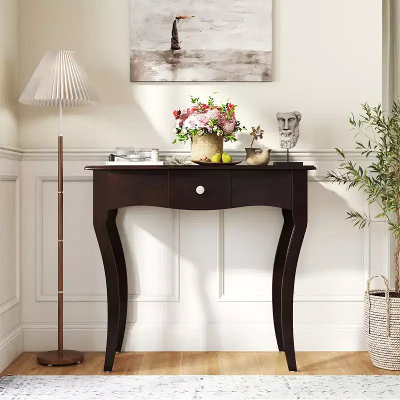 Console Table w/ Drawer Solid Wood Frame Metal Drawer Guide Rails for Entrance