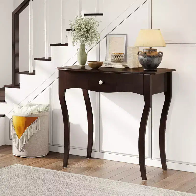 Console Table w/ Drawer Solid Wood Frame Metal Drawer Guide Rails for Entrance