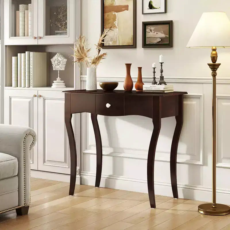 Console Table w/ Drawer Solid Wood Frame Metal Drawer Guide Rails for Entrance