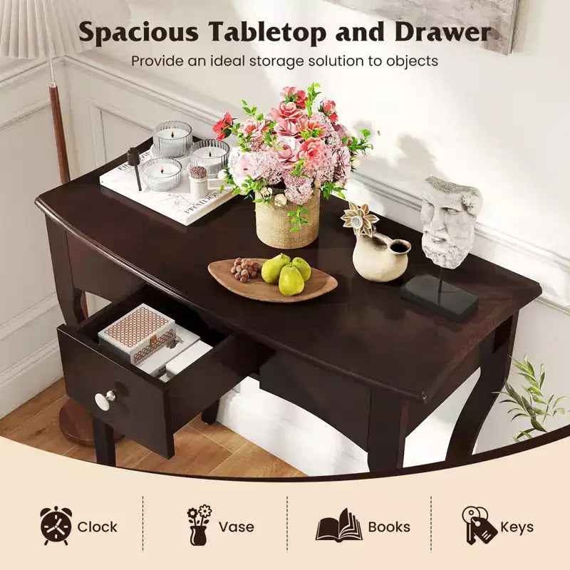 Console Table w/ Drawer Solid Wood Frame Metal Drawer Guide Rails for Entrance