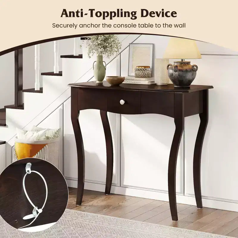 Console Table w/ Drawer Solid Wood Frame Metal Drawer Guide Rails for Entrance