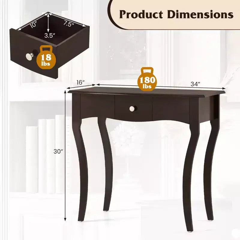 Console Table w/ Drawer Solid Wood Frame Metal Drawer Guide Rails for Entrance