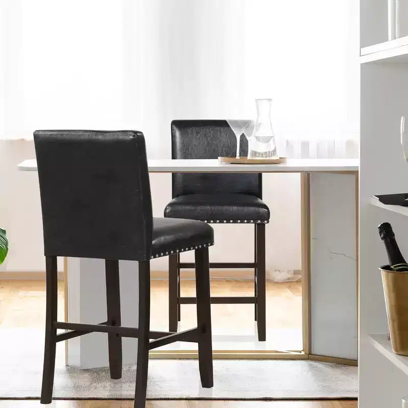 Set of 2 Bar Stools PVC Leather Counter Height Chairs for Kitchen Island Black