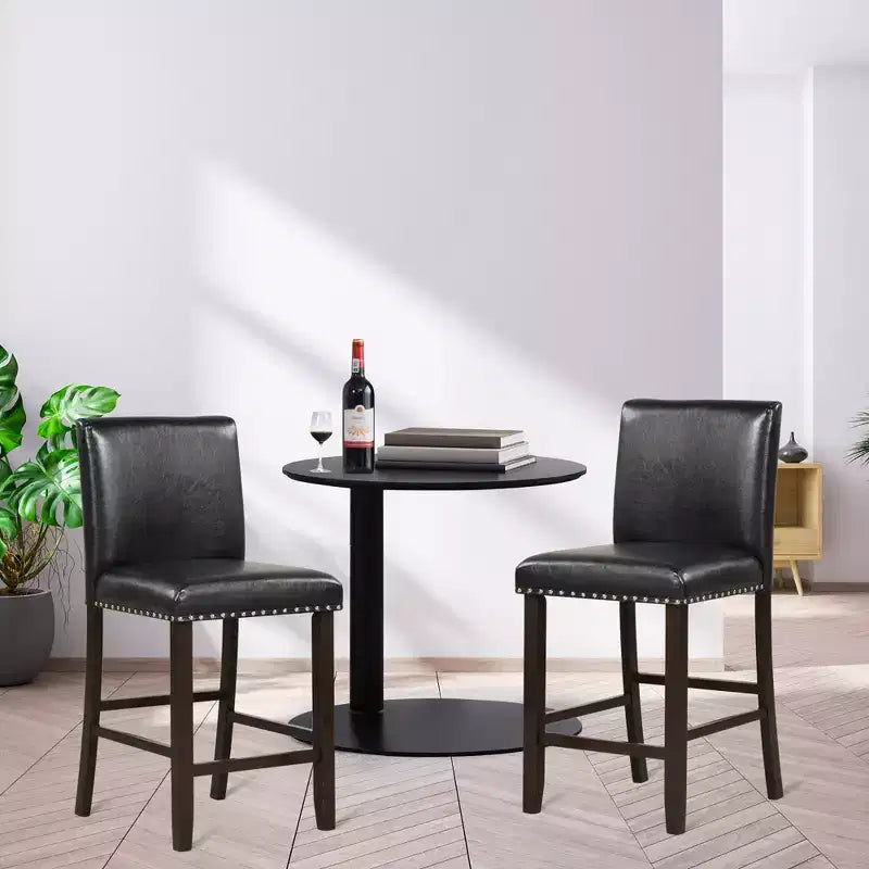Set of 2 Bar Stools PVC Leather Counter Height Chairs for Kitchen Island Black