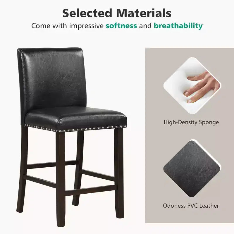Set of 2 Bar Stools PVC Leather Counter Height Chairs for Kitchen Island Black