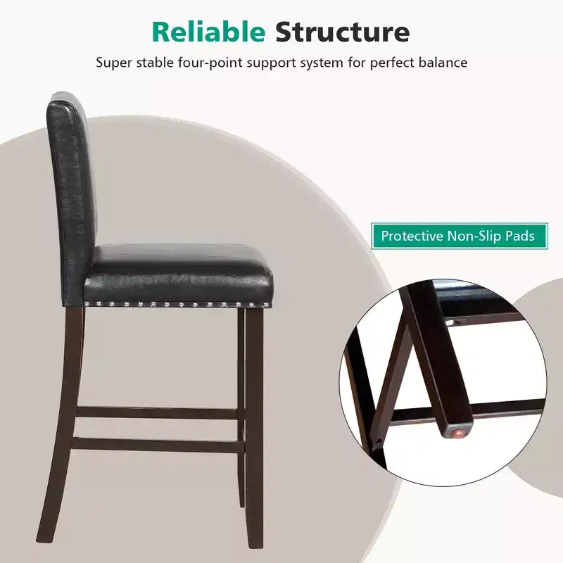 Set of 2 Bar Stools PVC Leather Counter Height Chairs for Kitchen Island Black