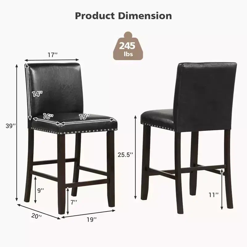 Set of 2 Bar Stools PVC Leather Counter Height Chairs for Kitchen Island Black