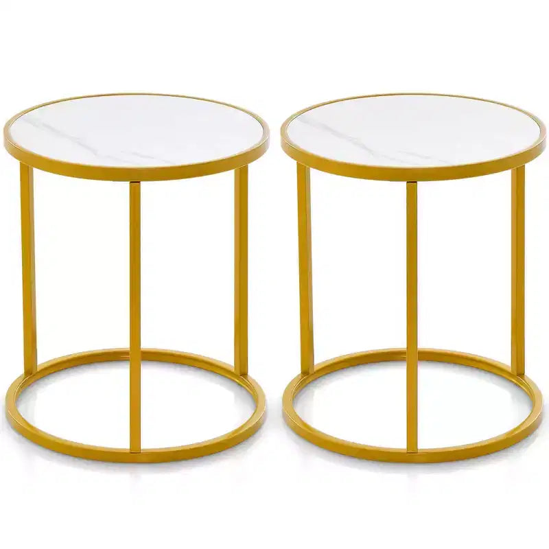 Marble Top Round Side Table 19.5x19.5 End Table w/Golden Metal Frame Gold