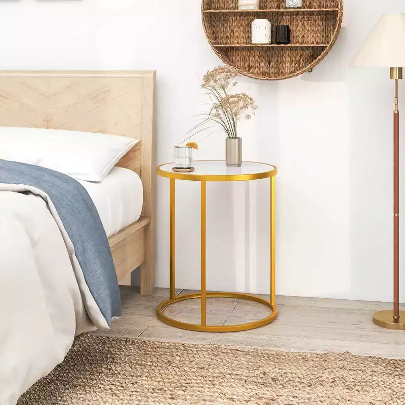 Marble Top Round Side Table 19.5x19.5 End Table w/Golden Metal Frame Gold