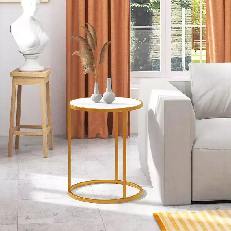 Marble Top Round Side Table 19.5x19.5 End Table w/Golden Metal Frame Gold