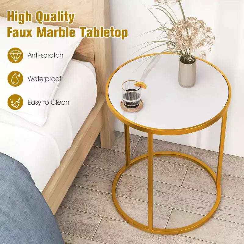 Marble Top Round Side Table 19.5x19.5 End Table w/Golden Metal Frame Gold