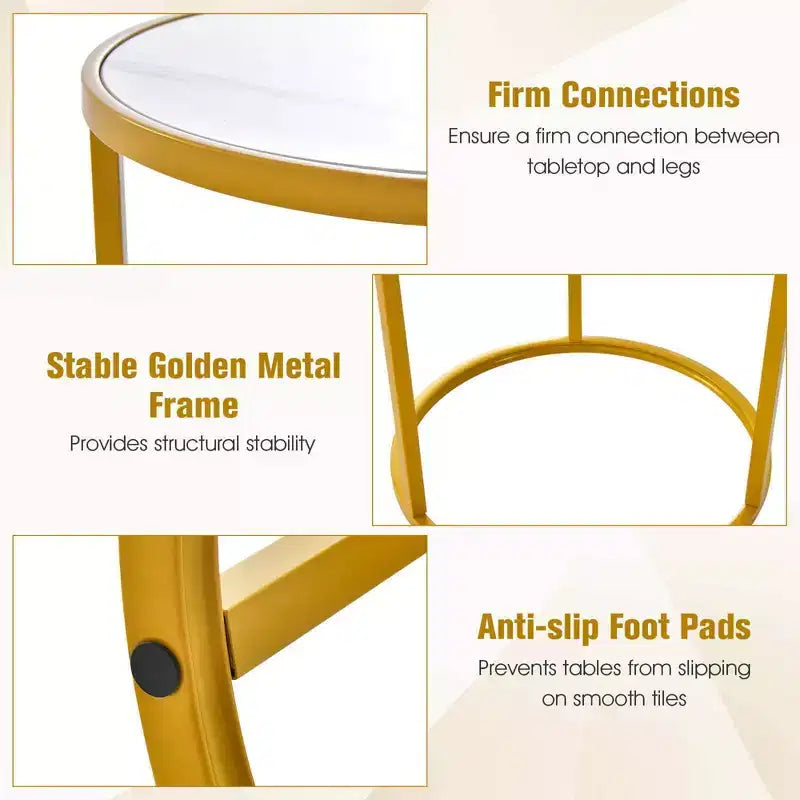 Marble Top Round Side Table 19.5x19.5 End Table w/Golden Metal Frame Gold