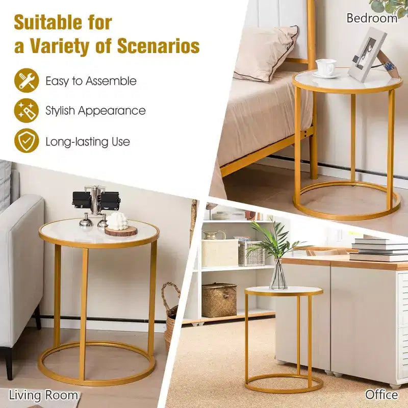 Marble Top Round Side Table 19.5x19.5 End Table w/Golden Metal Frame Gold