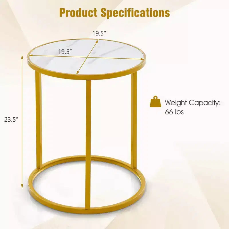 Marble Top Round Side Table 19.5x19.5 End Table w/Golden Metal Frame Gold