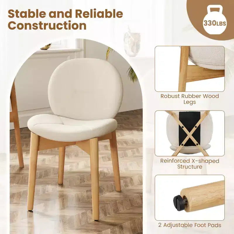 Wooden Dining Chairs Soft Boucle Upholstered Kitchen Chairs w/ Curved Seat