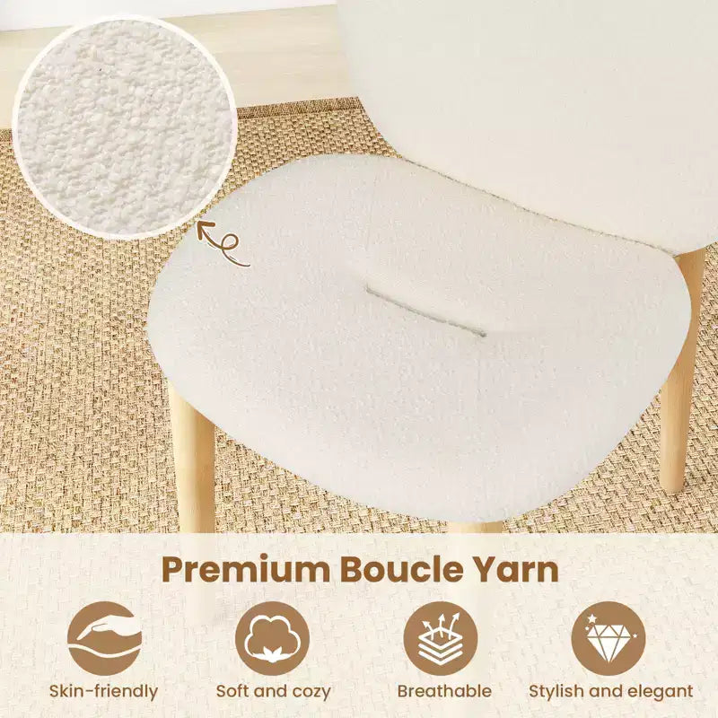 Wooden Dining Chairs Soft Boucle Upholstered Kitchen Chairs w/ Curved Seat