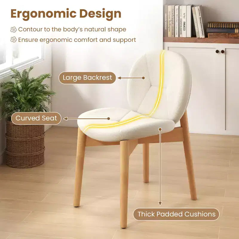 Wooden Dining Chairs Soft Boucle Upholstered Kitchen Chairs w/ Curved Seat