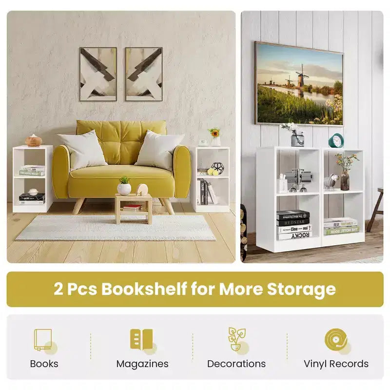 2 PCS Bookshelf 2-Tier Open Wood Display Organizer Set Vinyl Record Cube Storage
