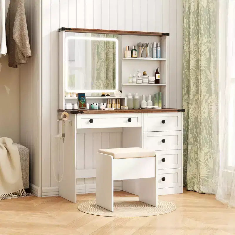 Farmhouse Vanity Set w/ Mirror and Lights Dressing Table & Chair Set