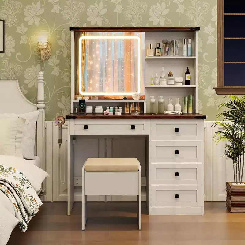 Farmhouse Vanity Set w/ Mirror and Lights Dressing Table & Chair Set