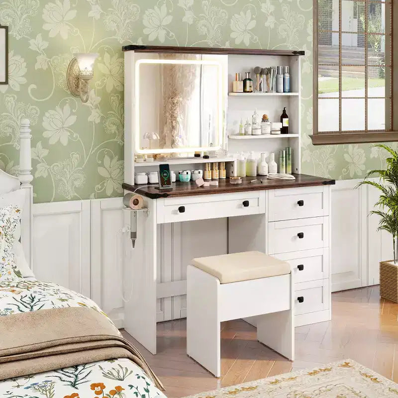 Farmhouse Vanity Set w/ Mirror and Lights Dressing Table & Chair Set