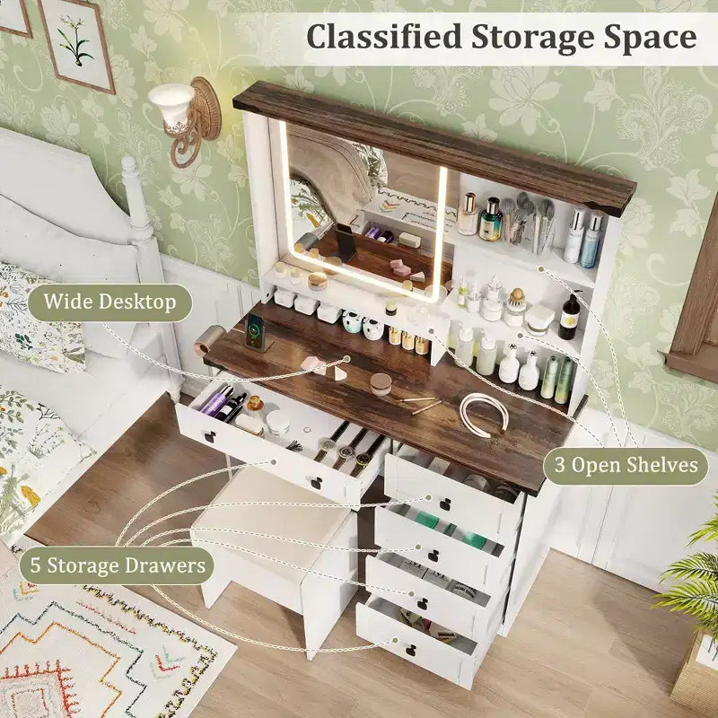 Farmhouse Vanity Set w/ Mirror and Lights Dressing Table & Chair Set