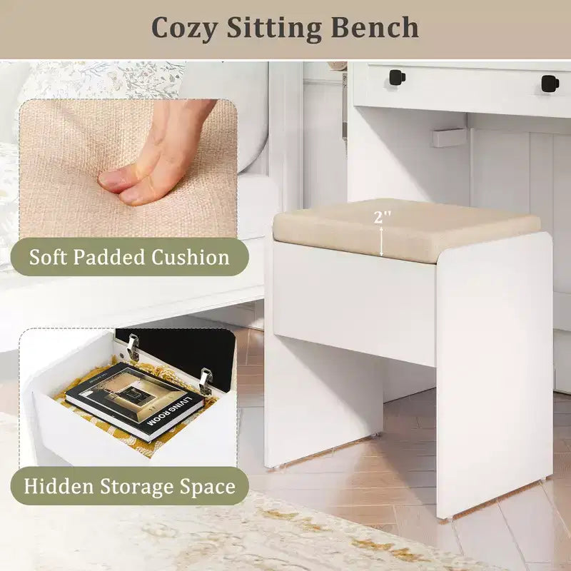 Farmhouse Vanity Set w/ Mirror and Lights Dressing Table & Chair Set