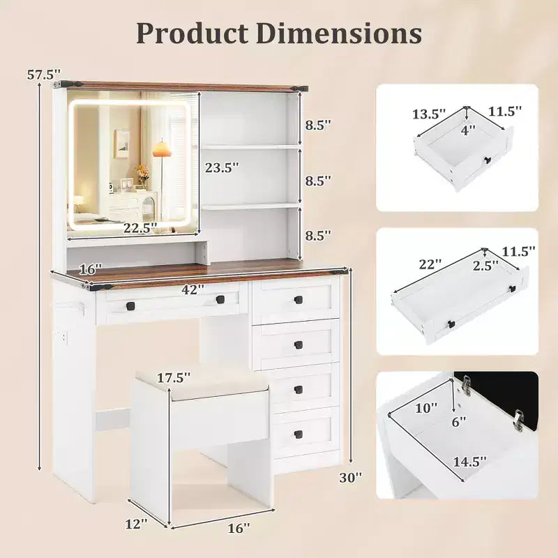 Farmhouse Vanity Set w/ Mirror and Lights Dressing Table & Chair Set