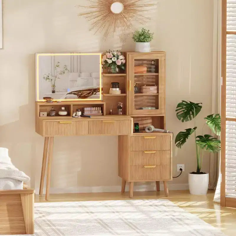 Makeup Vanity Desk with Lights & Power Outlet, Big Modern Fluted Vanity Desk with 24 in Hd Lighted Mirror, 5 Drawers and Storage Shelf