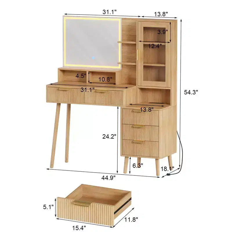 Makeup Vanity Desk with Lights & Power Outlet, Big Modern Fluted Vanity Desk with 24 in Hd Lighted Mirror, 5 Drawers and Storage Shelf