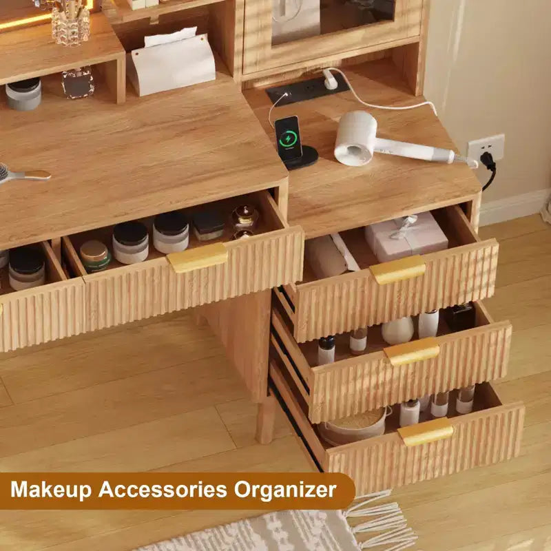 Makeup Vanity Desk with Lights & Power Outlet, Big Modern Fluted Vanity Desk with 24 in Hd Lighted Mirror, 5 Drawers and Storage Shelf