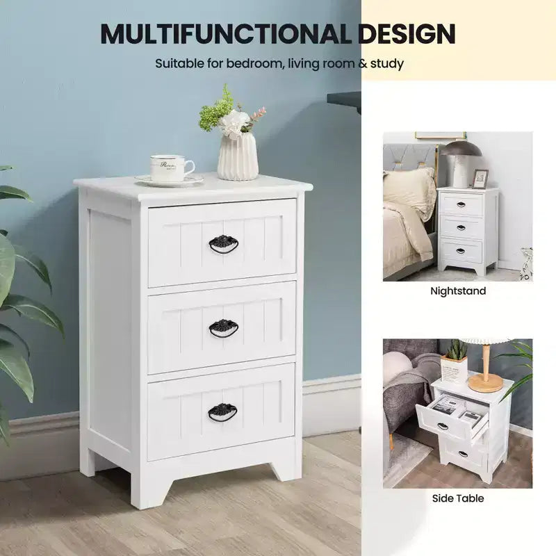 End Table Nightstand Bedroom Storage w/ 3 Drawers & Wood Slide White