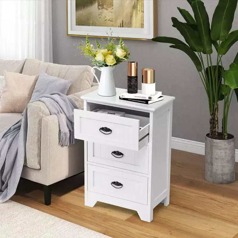 End Table Nightstand Bedroom Storage w/ 3 Drawers & Wood Slide White