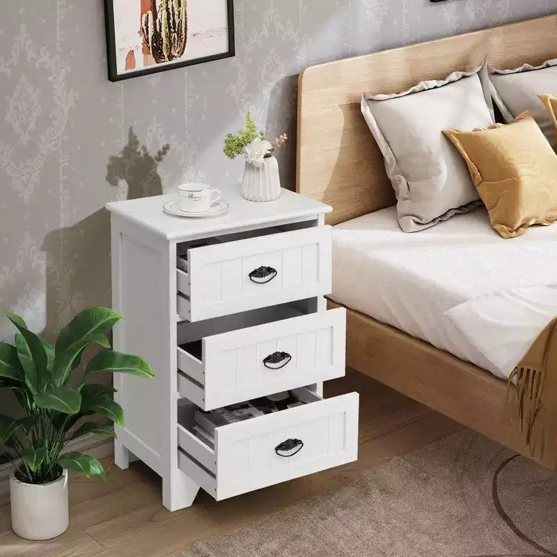 End Table Nightstand Bedroom Storage w/ 3 Drawers & Wood Slide White