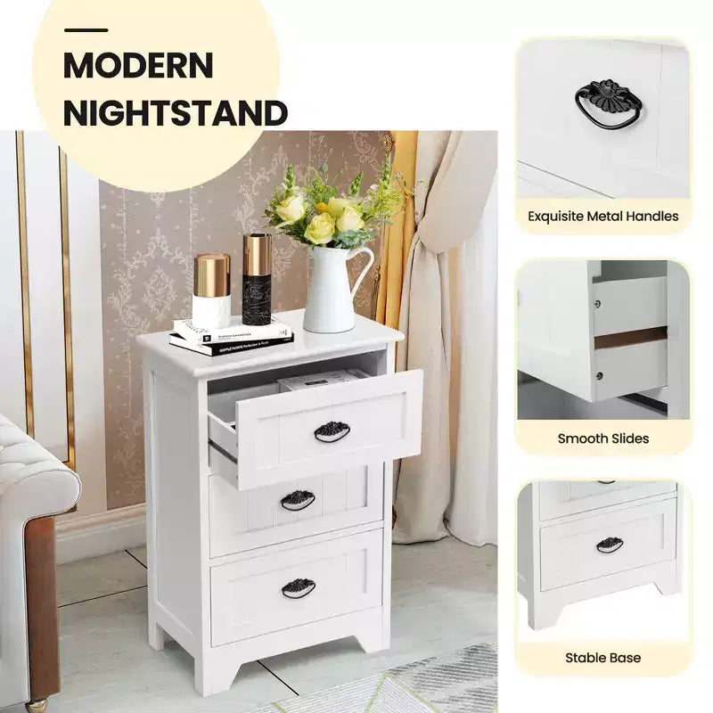 End Table Nightstand Bedroom Storage w/ 3 Drawers & Wood Slide White